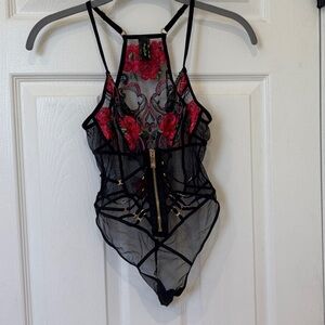 Honey Birdette Valeria Black Sheer Lace Bodysuit with Red Floral Embroidery